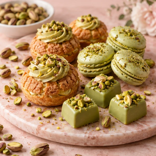 Macarons, bombons e doces artesanais de pistache