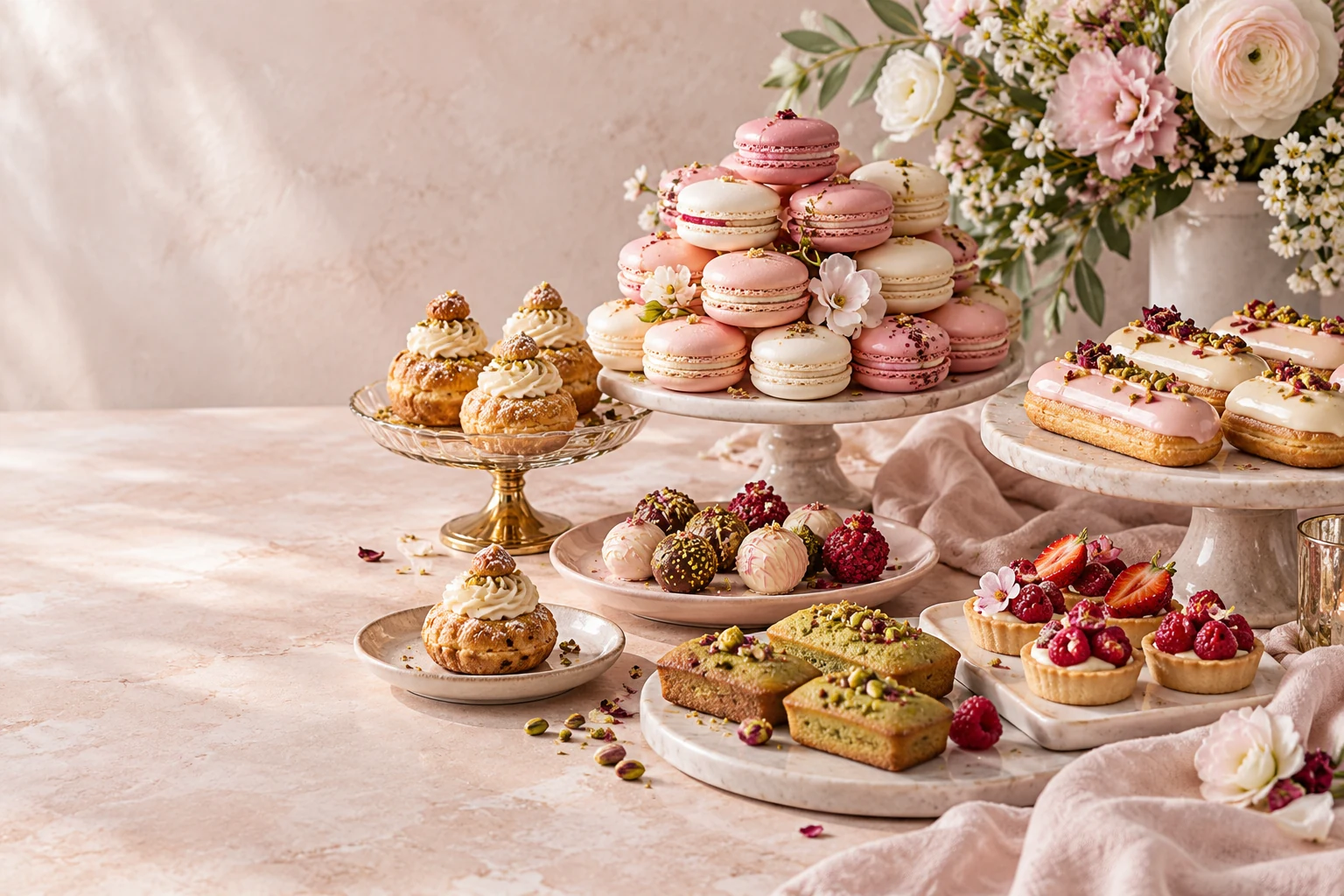 Mesa elegante com macarons, éclairs, docinhos e tartlets para uma celebração